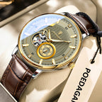 POEDAGAR 1416 tourbillon leather watch angled view gold dial brown leather strap