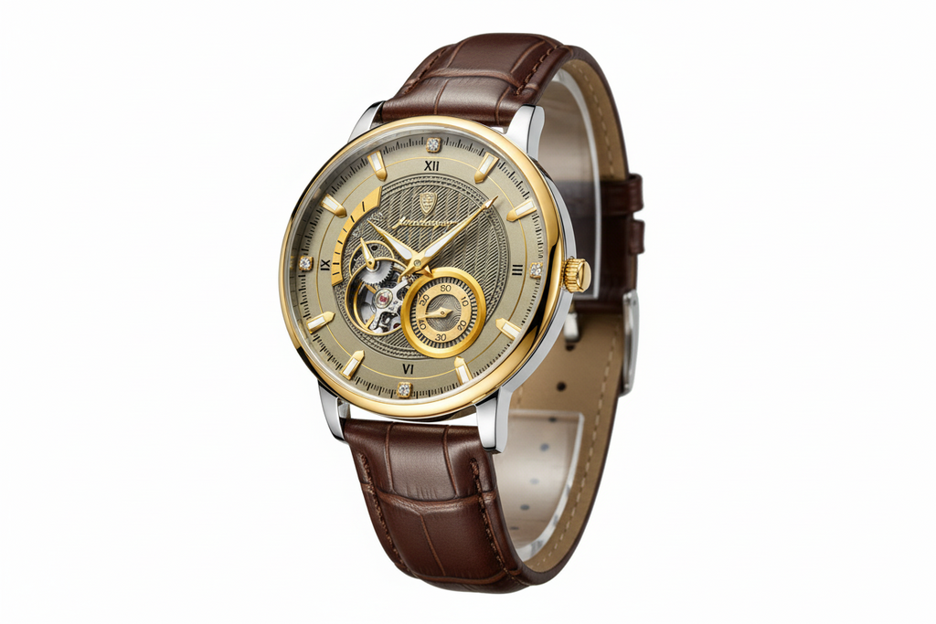 POEDAGAR 1416 tourbillon leather watch gold dial brown leather strap front