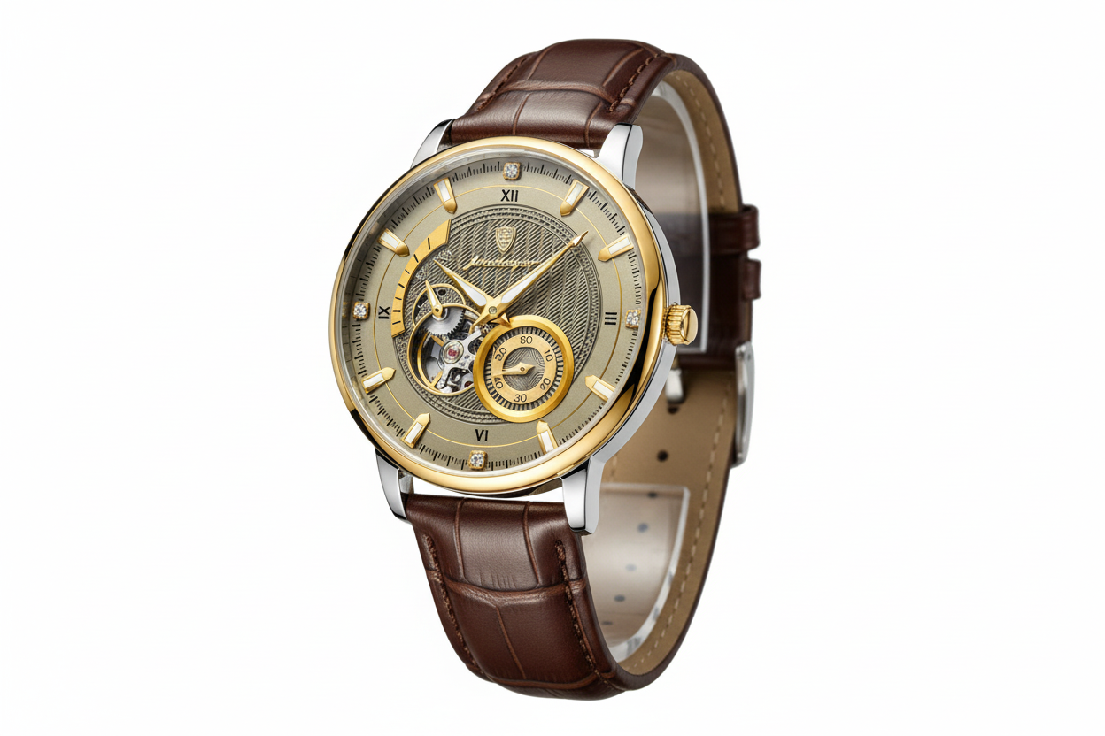 POEDAGAR 1416 tourbillon leather watch gold dial brown leather strap front