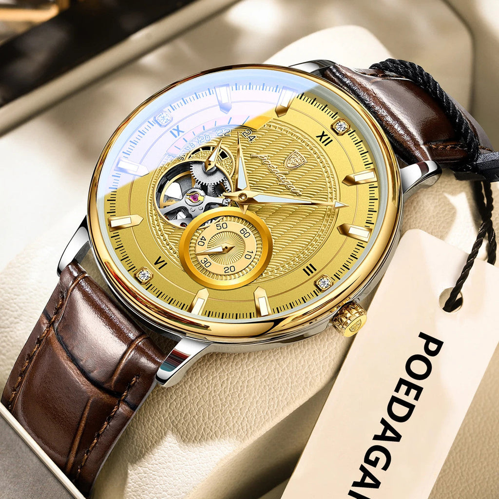 POEDAGAR 1416 tourbillon leather watch angled view gold dial brown leather strap
