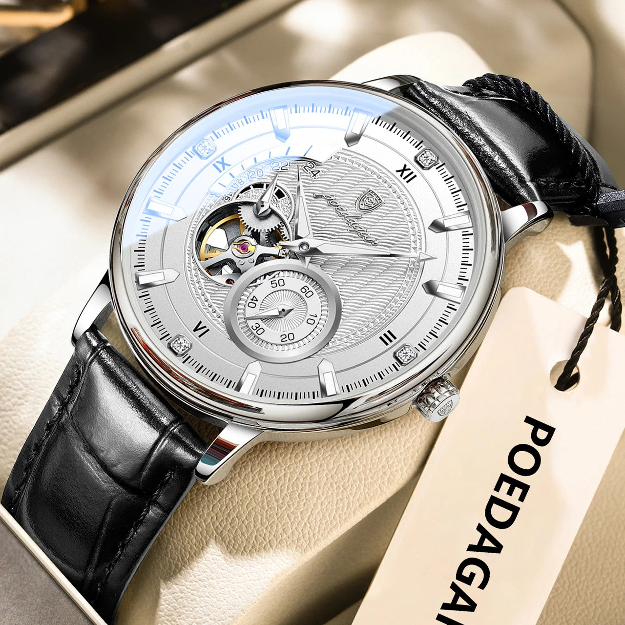 POEDAGAR 1416 tourbillon leather watch angled view white dial black leather strap