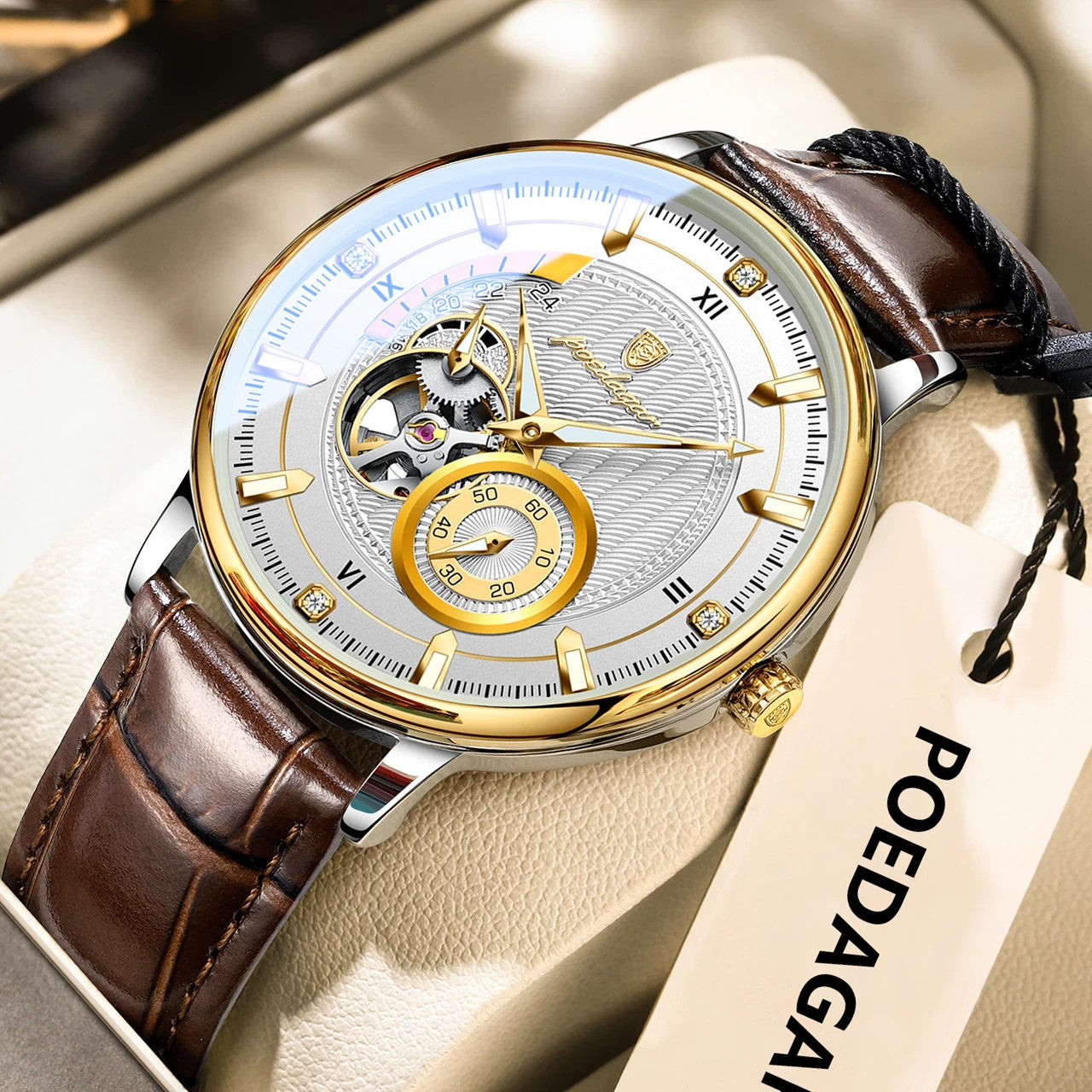POEDAGAR 1416 hollow tourbillon automatic leather watch with white dial, front view