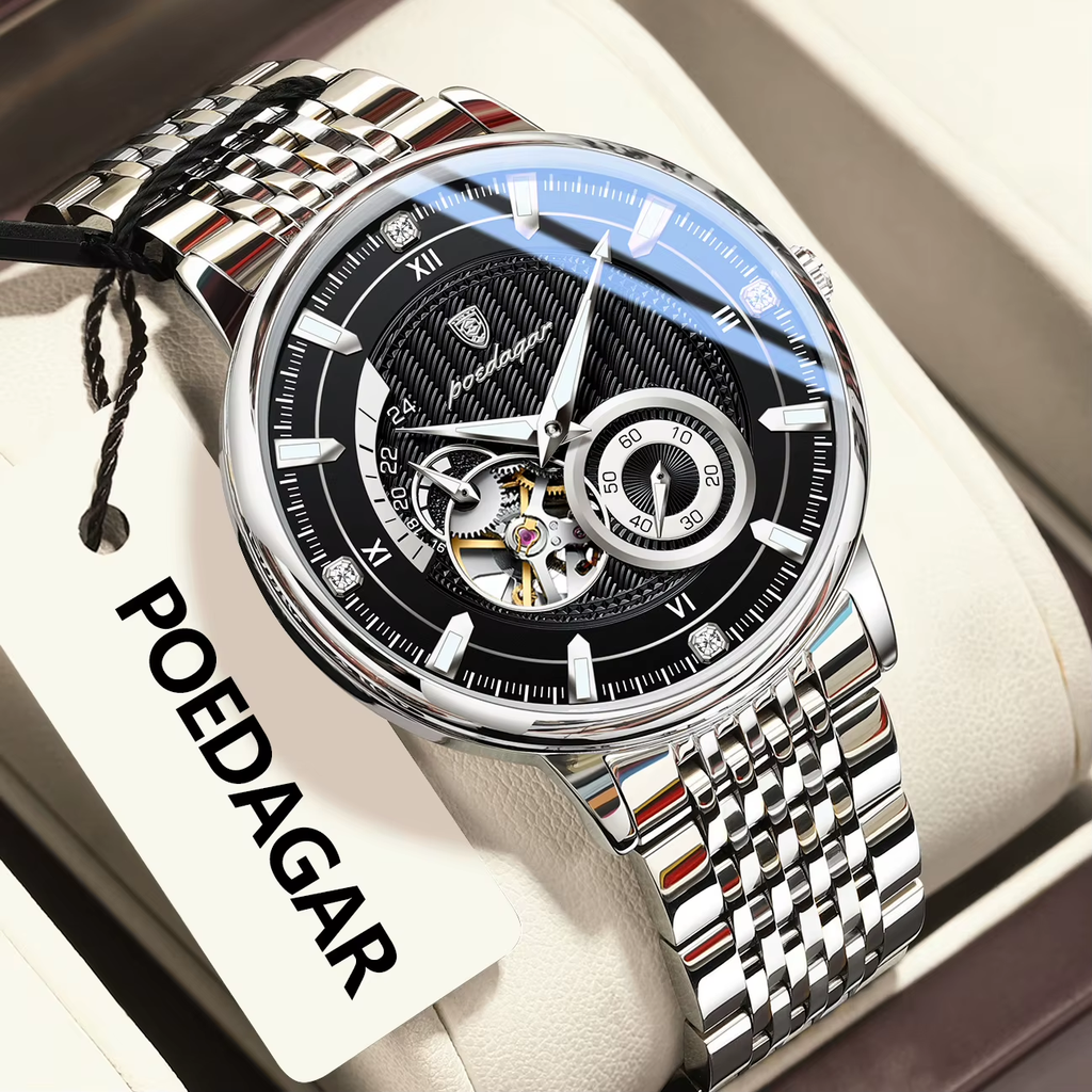 POEDAGAR 1416 tourbillon watch angled view gold dial two-tone steel bracelet