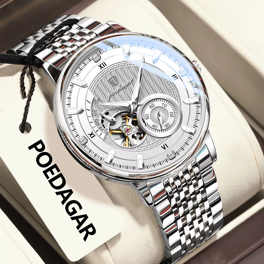 POEDAGAR 1416 tourbillon watch angled view white dial silver steel bracelet
