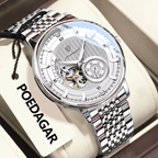 POEDAGAR 1416 tourbillon watch angled view white dial silver steel bracelet