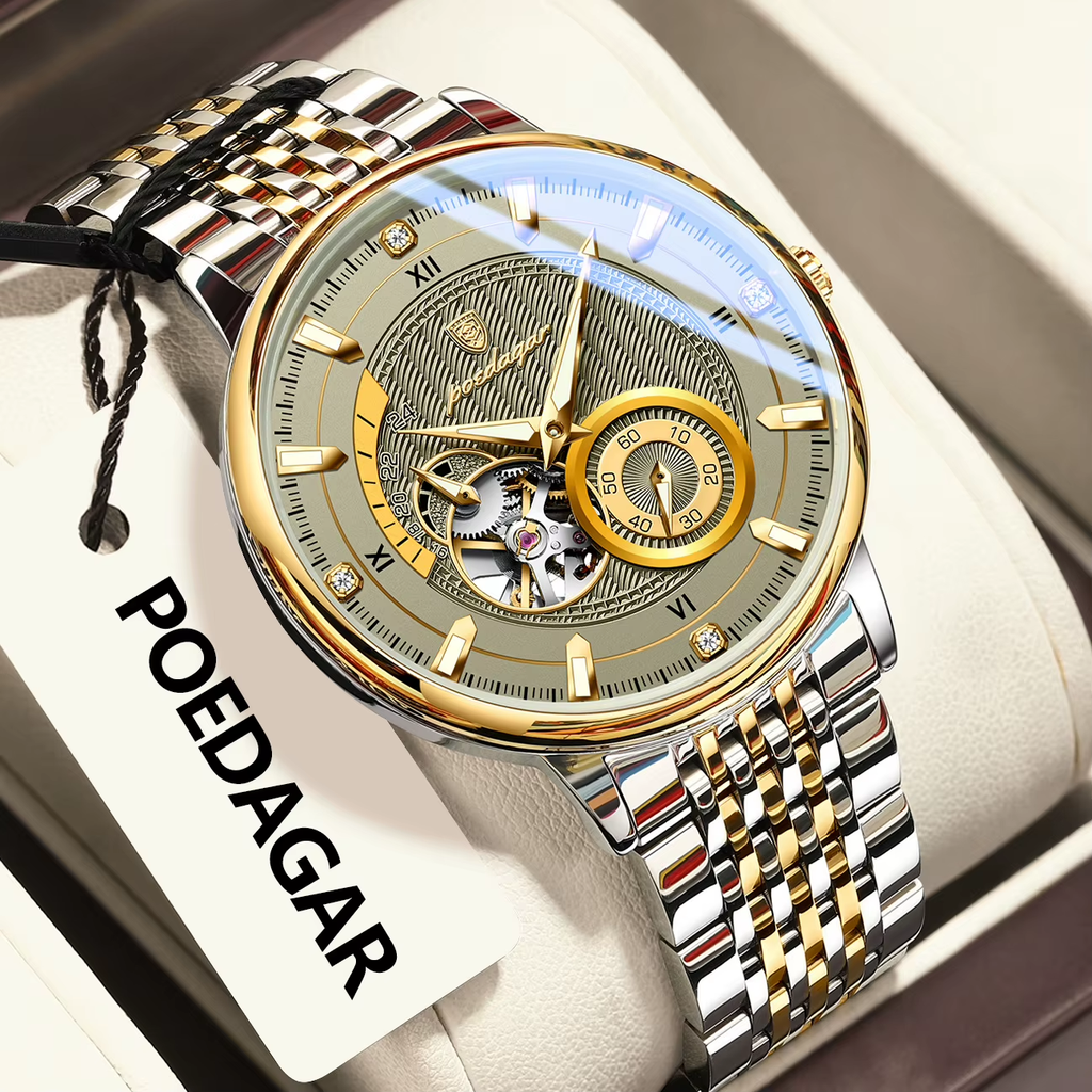POEDAGAR 1416 tourbillon watch angled view gold dial two-tone steel bracelet