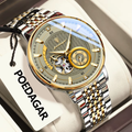 POEDAGAR 1416 tourbillon watch angled view gold dial two-tone steel bracelet