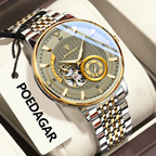 POEDAGAR 1416 tourbillon watch angled view gold dial two-tone steel bracelet