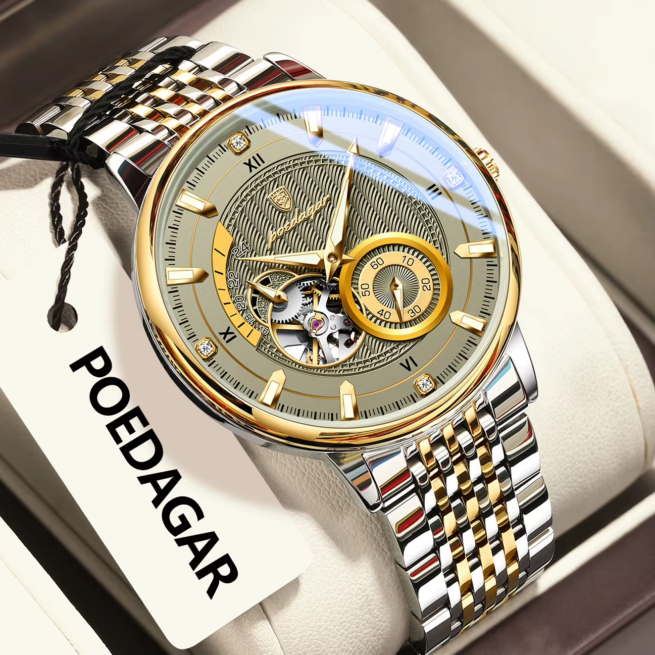 POEDAGAR 1416 tourbillon watch angled view gold dial two-tone steel bracelet