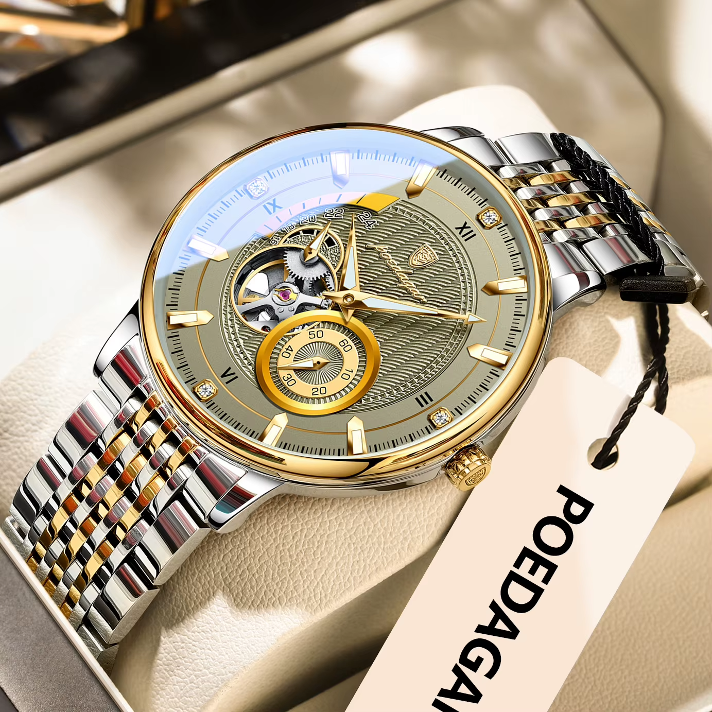 POEDAGAR 1416 tourbillon waterproof 3ATM specification graphic with gold dial