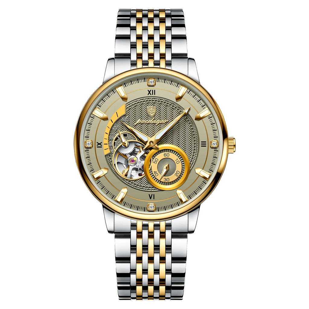 POEDAGAR 1416 tourbillon watch front view gold dial two-tone steel bracelet