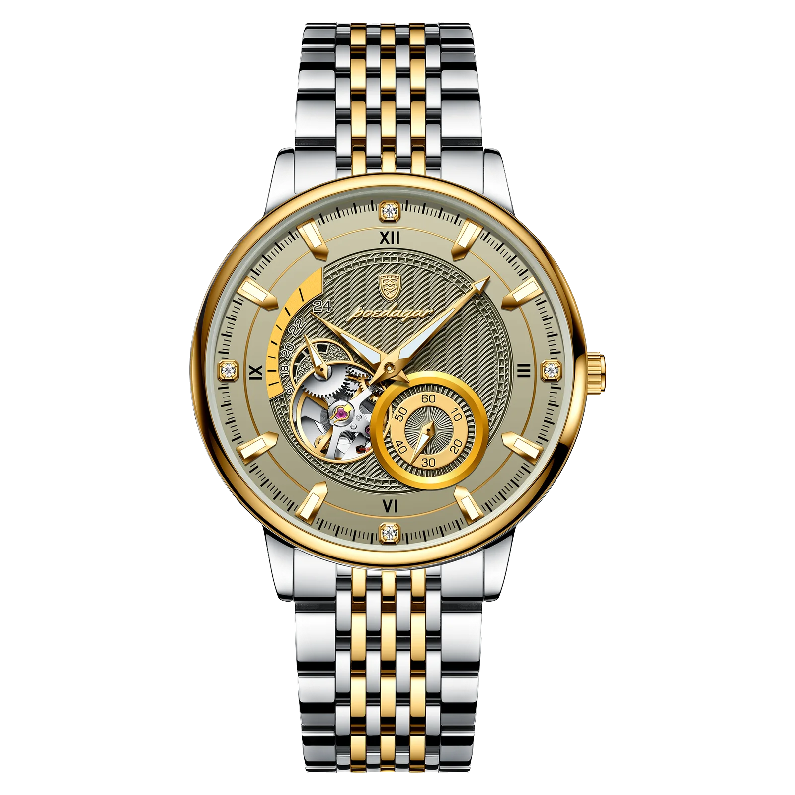 POEDAGAR 1416 tourbillon watch front view gold dial two-tone steel bracelet