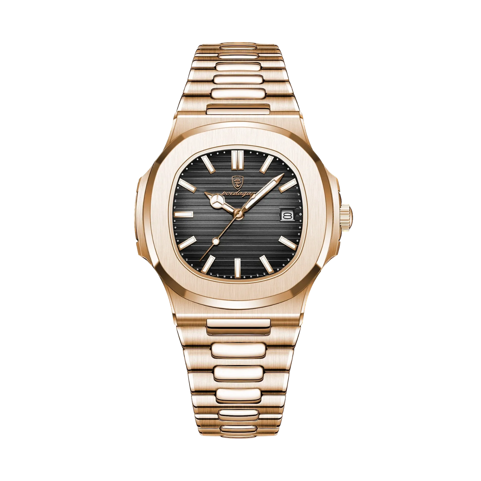 POEDAGAR 613 square quartz watch with black dial and rose gold bracelet, front view