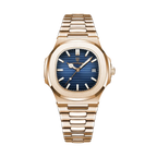 POEDAGAR 613 square quartz watch with blue dial and rose gold bracelet, front view