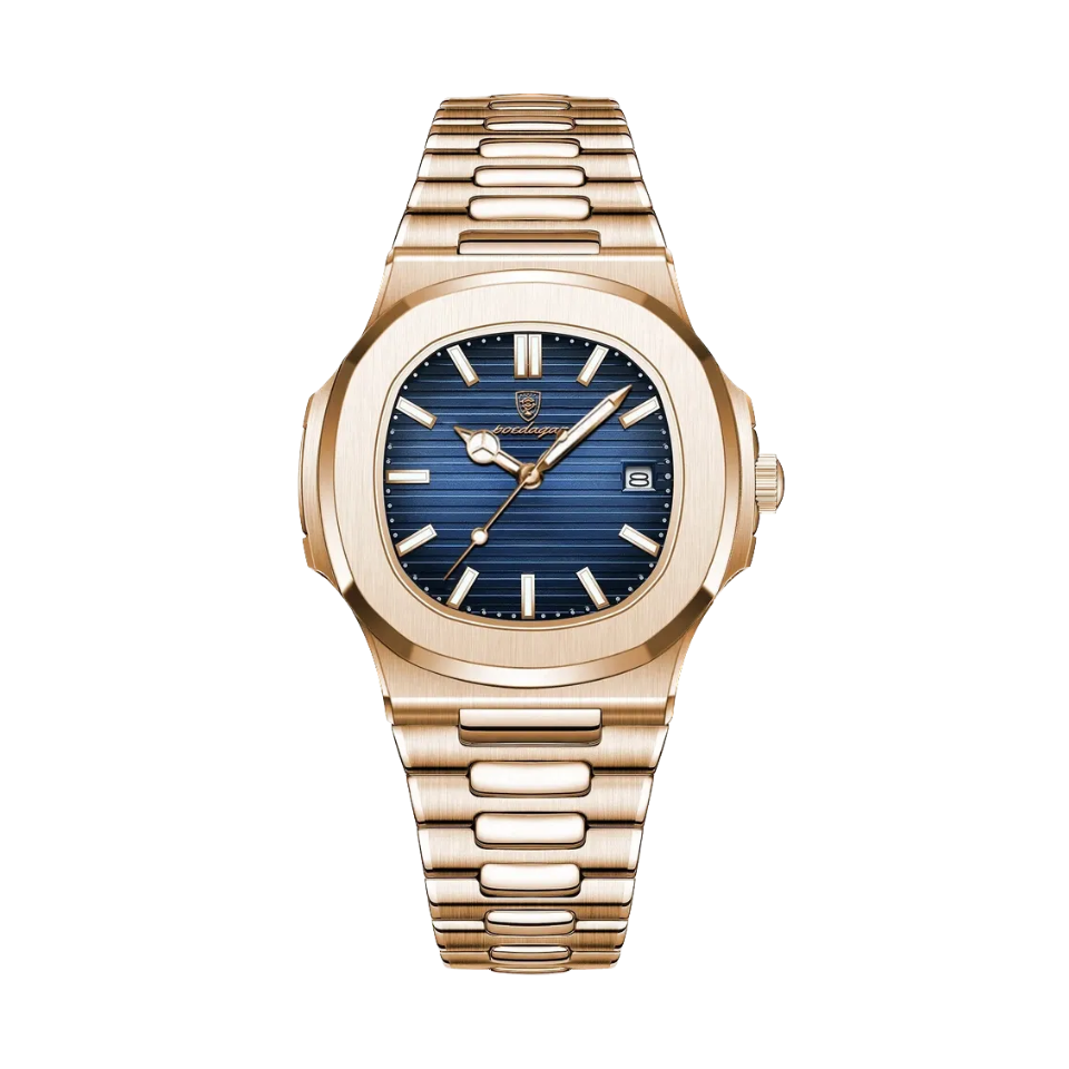 POEDAGAR 613 square quartz watch with blue dial and rose gold bracelet, front view