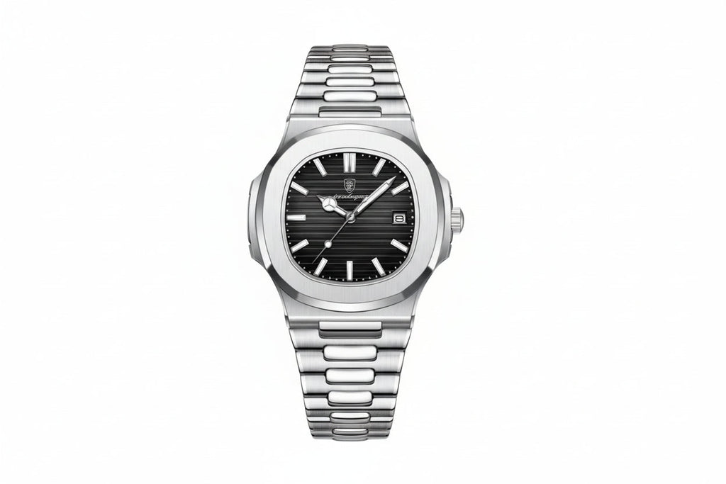 POEDAGAR 613 square quartz watch with black dial and silver bracelet, front view