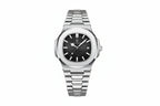 POEDAGAR 613 square quartz watch with black dial and silver bracelet, front view