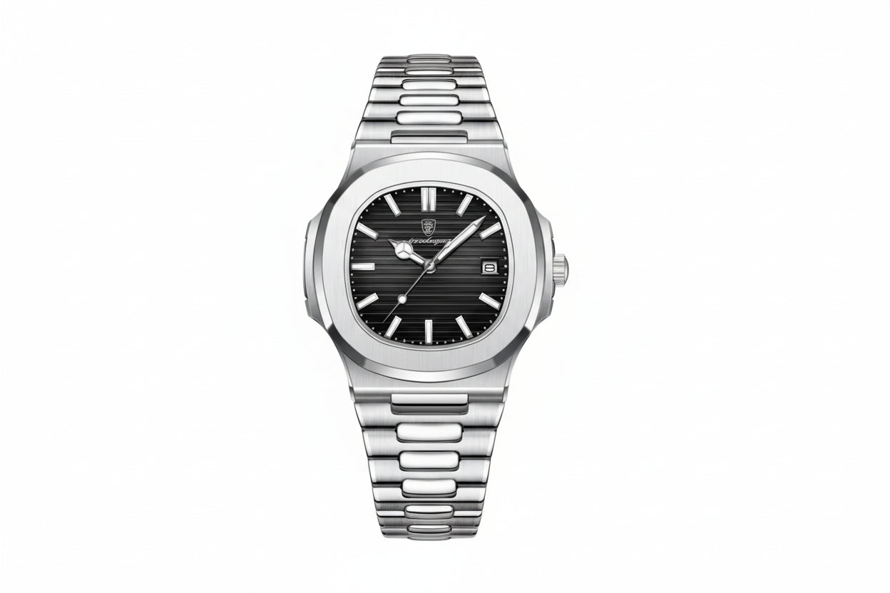 POEDAGAR 613 square quartz watch with black dial and silver bracelet, front view