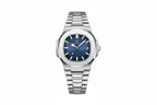 POEDAGAR 613 square quartz watch with blue dial and silver bracelet, front view