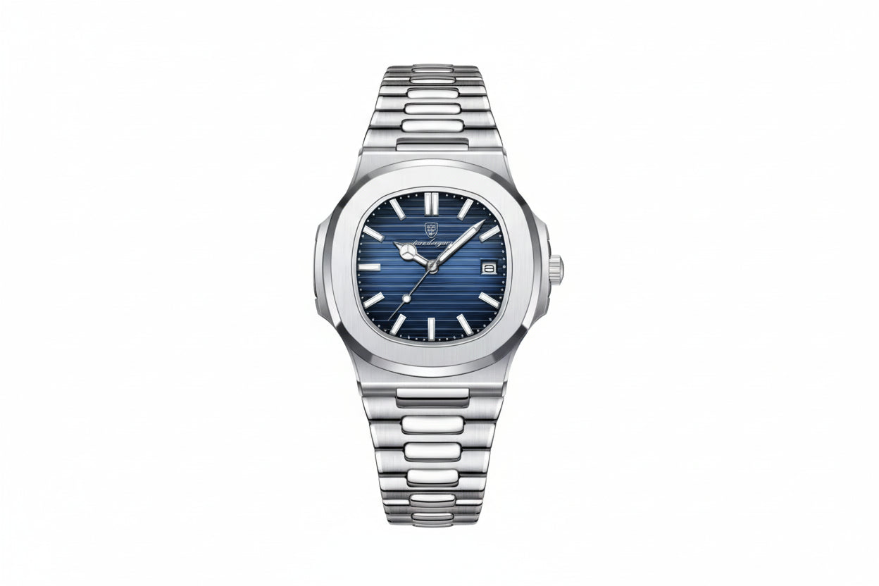 POEDAGAR 613 square quartz watch with blue dial and silver bracelet, front view