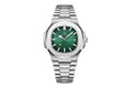 POEDAGAR 613 square quartz watch with green dial and silver bracelet, front view