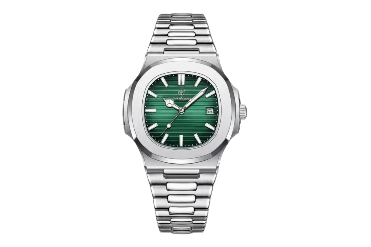 POEDAGAR 613 square quartz watch with green dial and silver bracelet, front view
