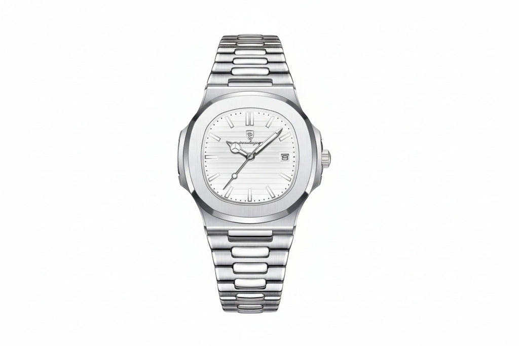 POEDAGAR 613 square quartz watch with white dial and silver bracelet, front view