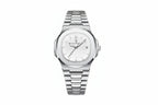 POEDAGAR 613 square quartz watch with white dial and silver bracelet, front view
