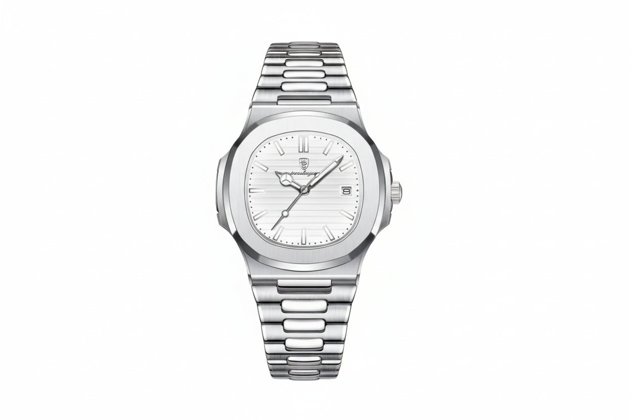 POEDAGAR 613 square quartz watch with white dial and silver bracelet, front view