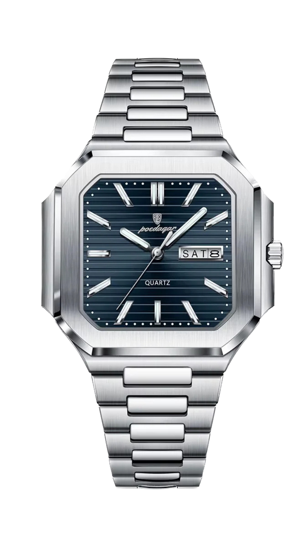 POEDAGAR 672 square waterproof watch with blue dial and silver bracelet, front view