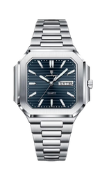 POEDAGAR 672 square waterproof watch with blue dial and silver bracelet, front view