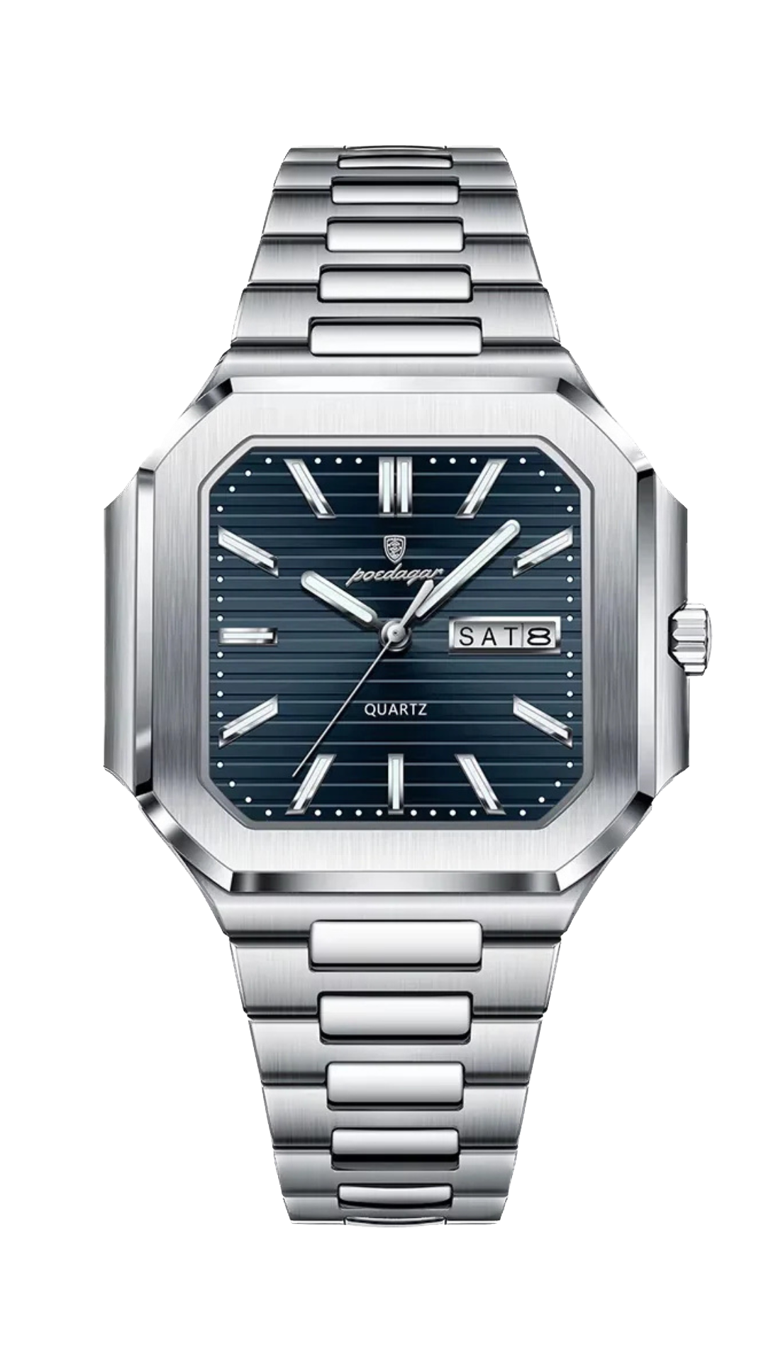 POEDAGAR 672 square waterproof watch with blue dial and silver bracelet, front view