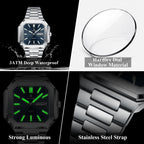 POEDAGAR 672 square watch features graphic showing waterproof, hardlex, luminous, steel strap