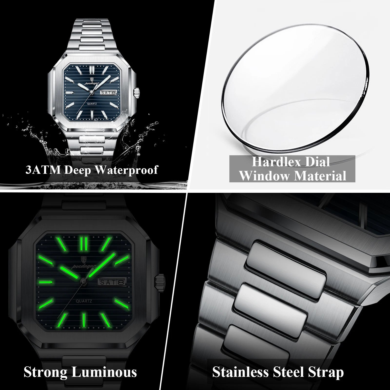 POEDAGAR 672 square watch features graphic showing waterproof, hardlex, luminous, steel strap