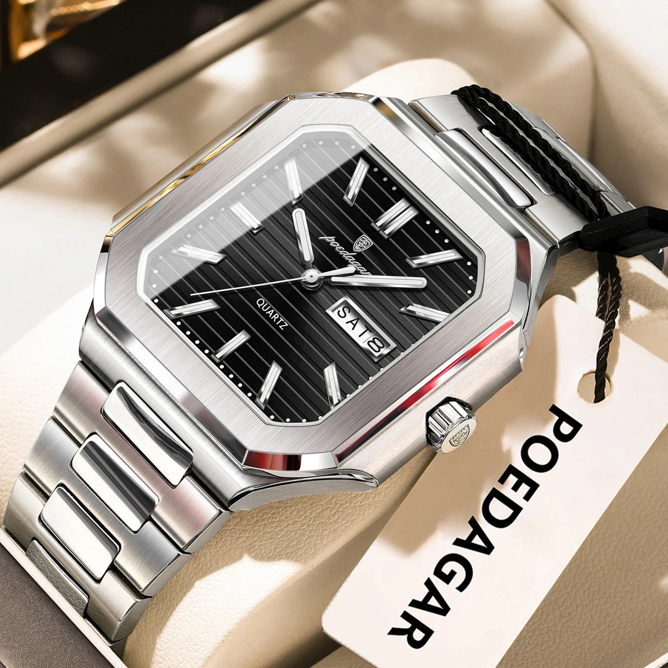 POEDAGAR 672 square waterproof watch with black dial and silver bracelet, front view