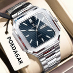POEDAGAR 672 square waterproof watch with blue dial and silver bracelet, angled view