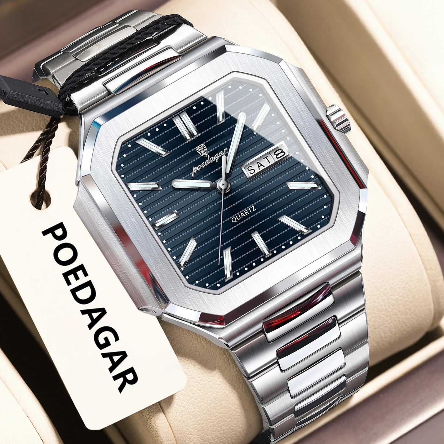 POEDAGAR 672 square waterproof watch with blue dial and silver bracelet, angled view