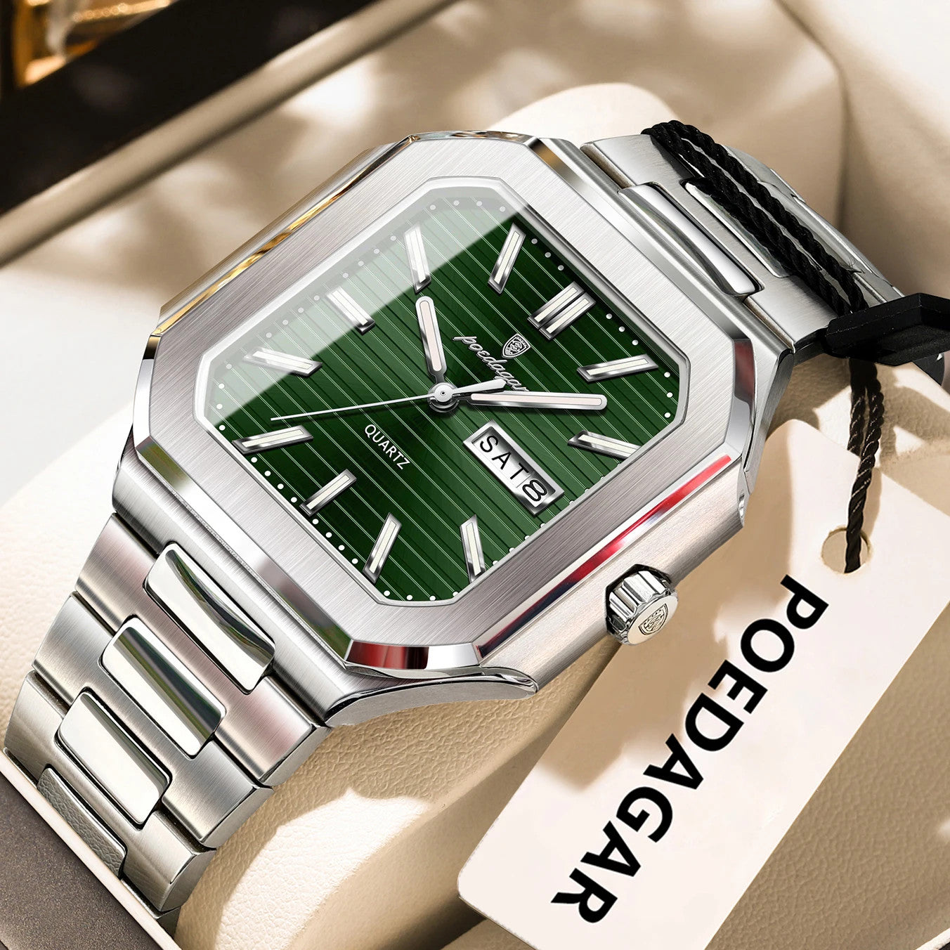 POEDAGAR 672 square waterproof watch with green dial and silver bracelet, front view