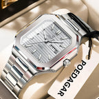 POEDAGAR 672 square waterproof watch with white dial and silver bracelet, front view