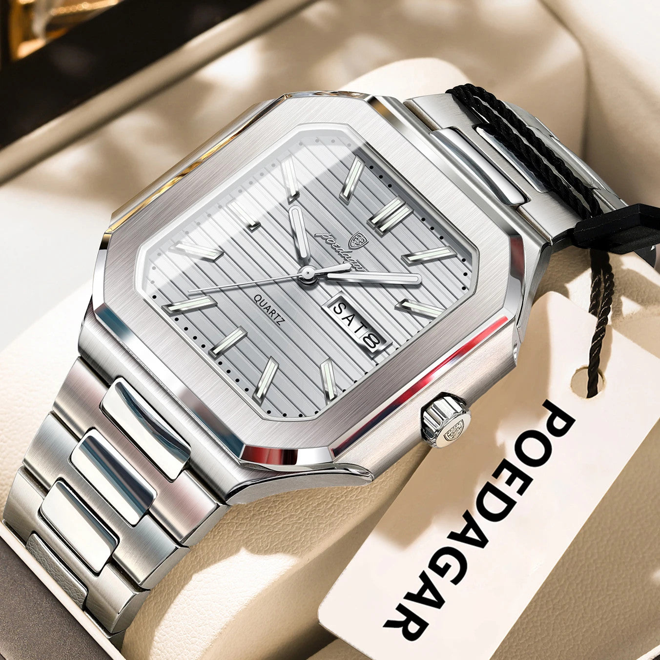 POEDAGAR 672 square waterproof watch with white dial and silver bracelet, front view