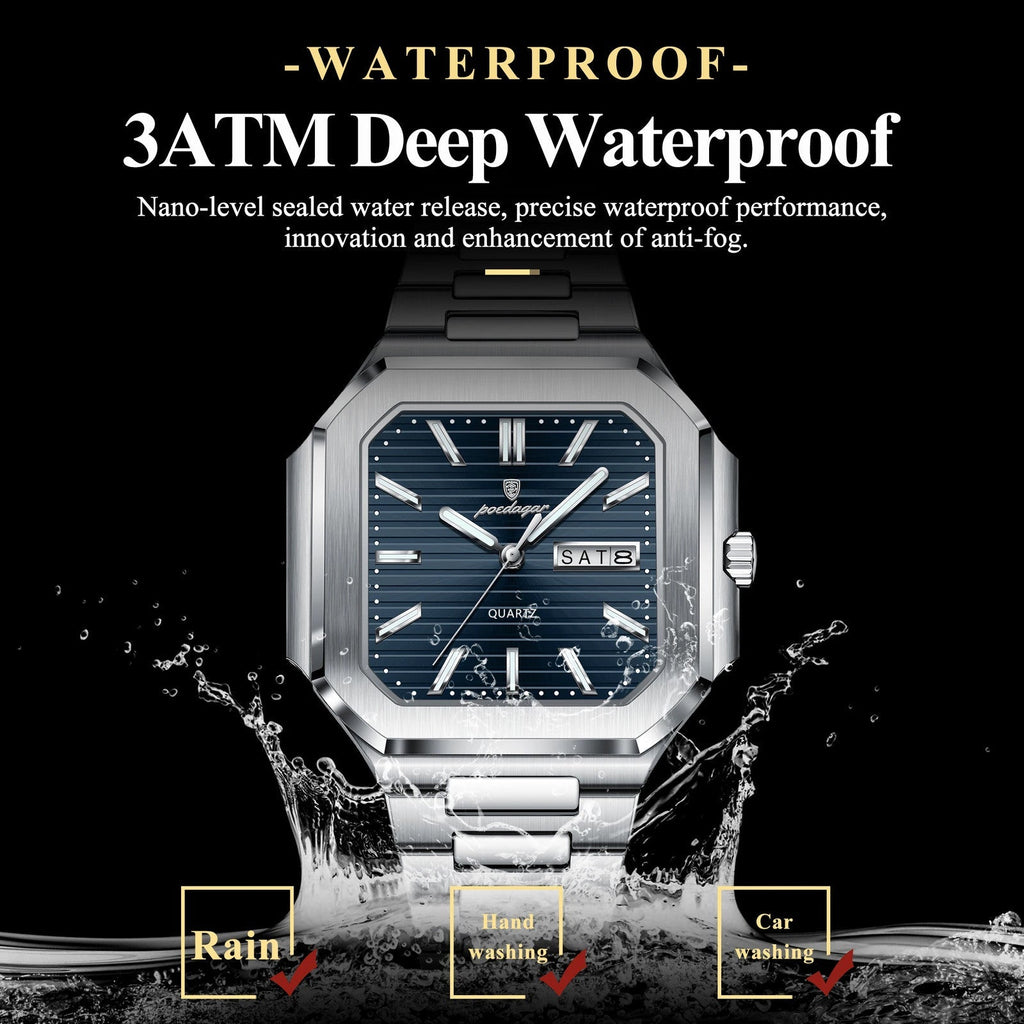 POEDAGAR 672 square watch 3ATM deep waterproof feature graphic with blue dial