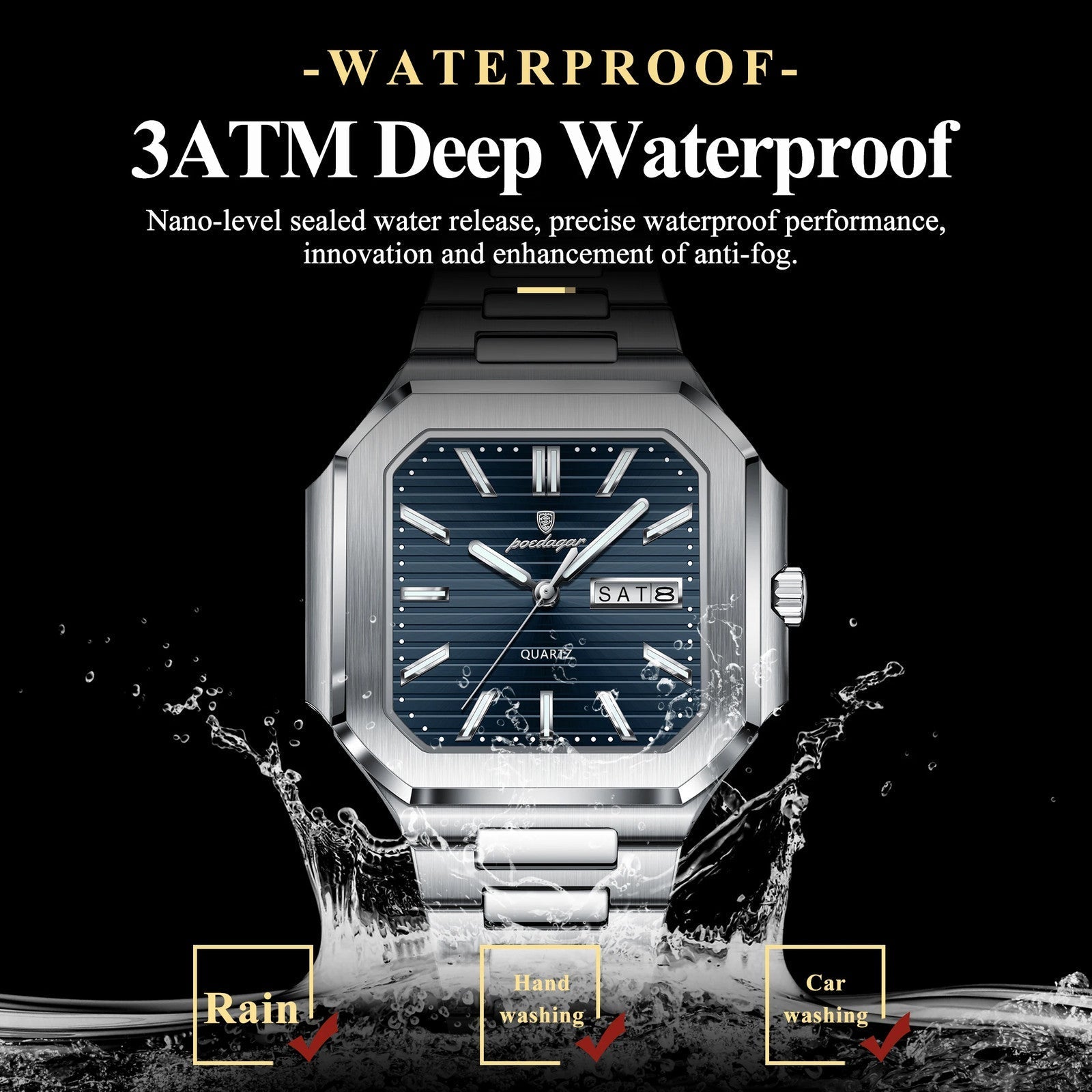 POEDAGAR 672 square watch 3ATM deep waterproof feature graphic with blue dial