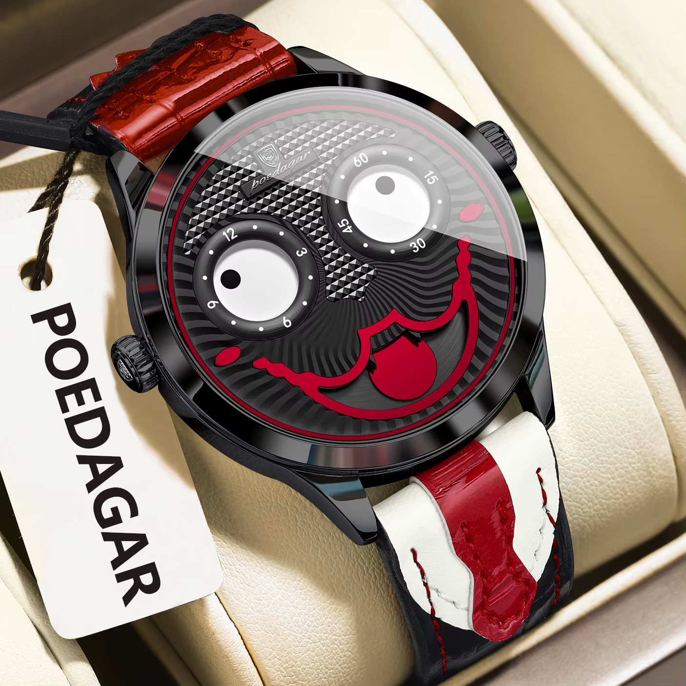POEDAGAR 676 Men's Leather Quartz Sports Watch with black grey red dial, side view