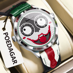 POEDAGAR 676 Men's Leather Quartz Sports Watch with silver white green dial, detail view