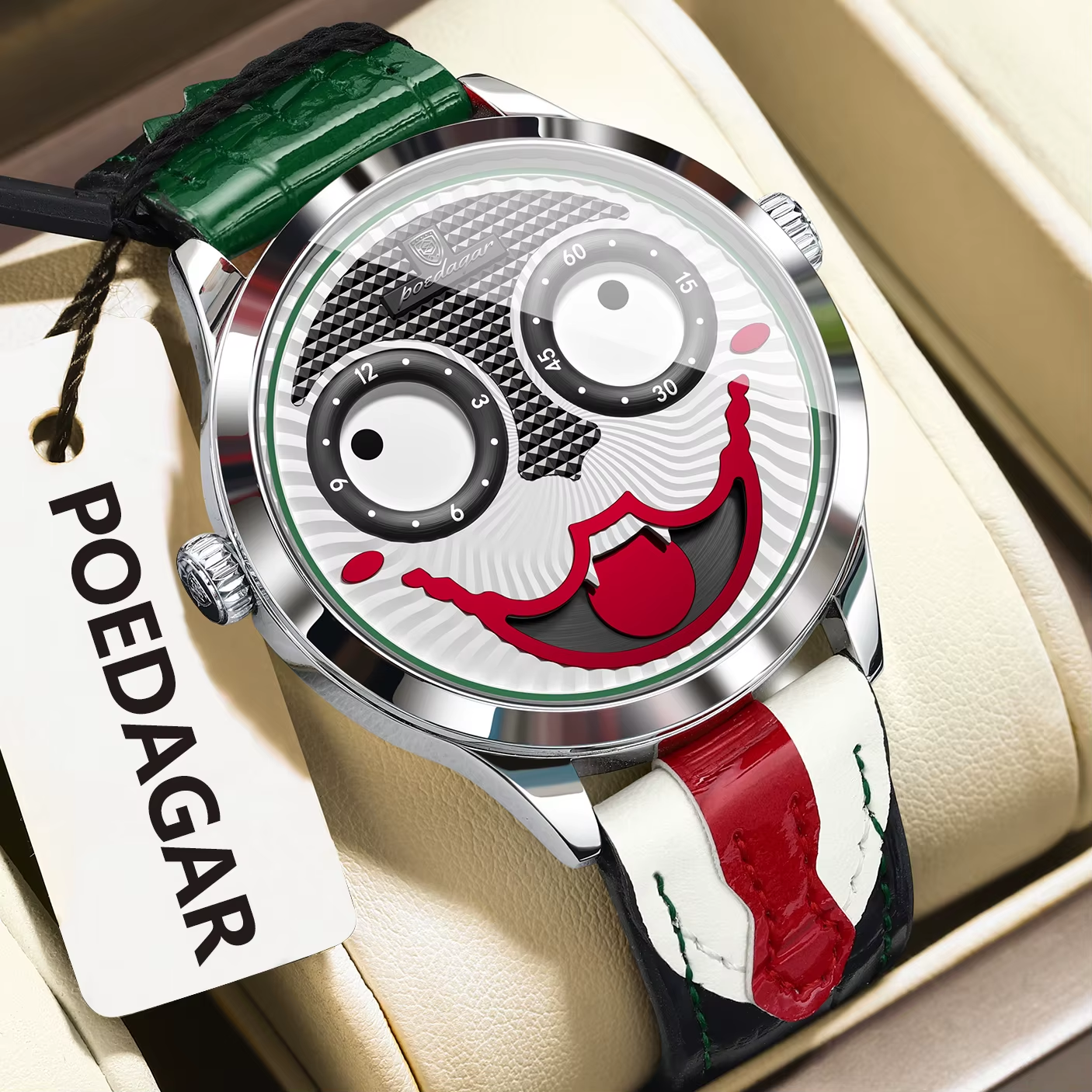 POEDAGAR 676 Men's Leather Quartz Sports Watch with silver white green dial, detail view