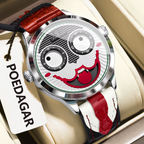 POEDAGAR 676 Men's Leather Quartz Sports Watch with silver white red dial, caseback view