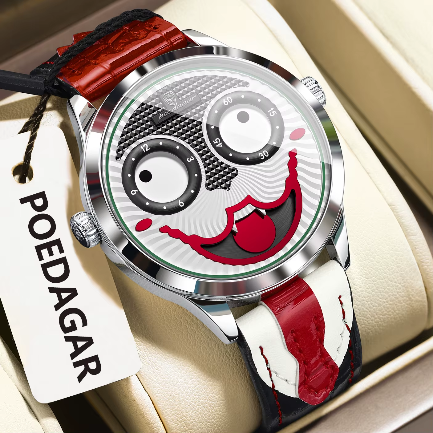 POEDAGAR 676 Men's Leather Quartz Sports Watch with silver white red dial, caseback view