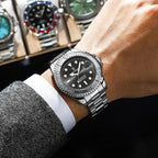 POEDAGAR 680S-2 mens quartz diver watch with black dial and silver steel bracelet worn on wrist