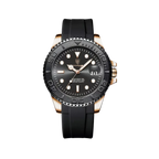 POEDAGAR 680S-2 quartz watch with black dial and black rubber strap, front view