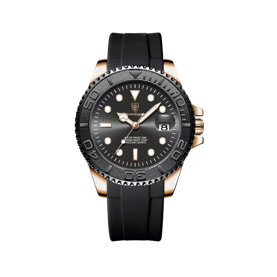 POEDAGAR 680S-2 quartz watch with black dial and black rubber strap, front view